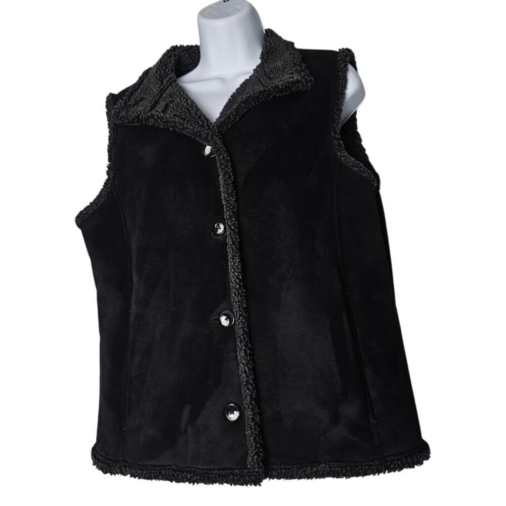L L‎ Bean Women's Medium Black Faux Suede Sherpa Lined Button Vest